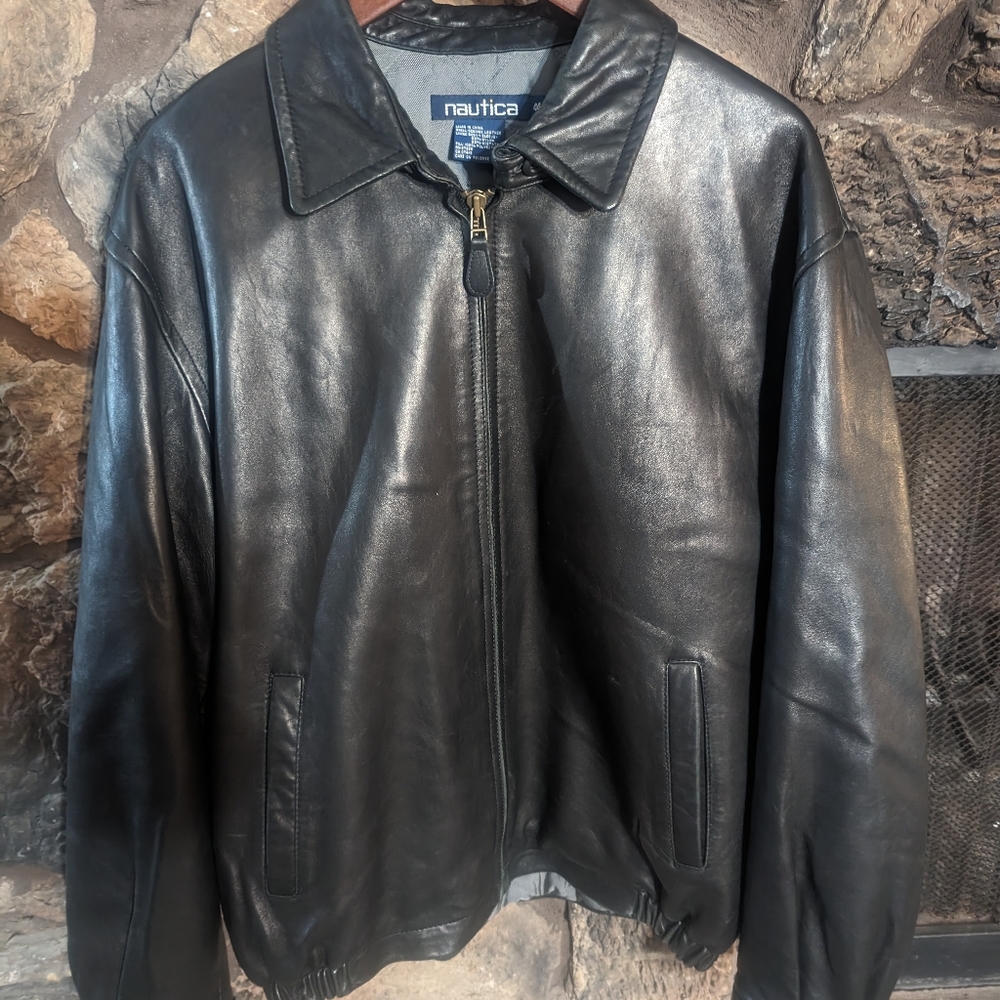 Mens Nautica Genuine Leather Coat Jacket Size 44 Black (L-XL)